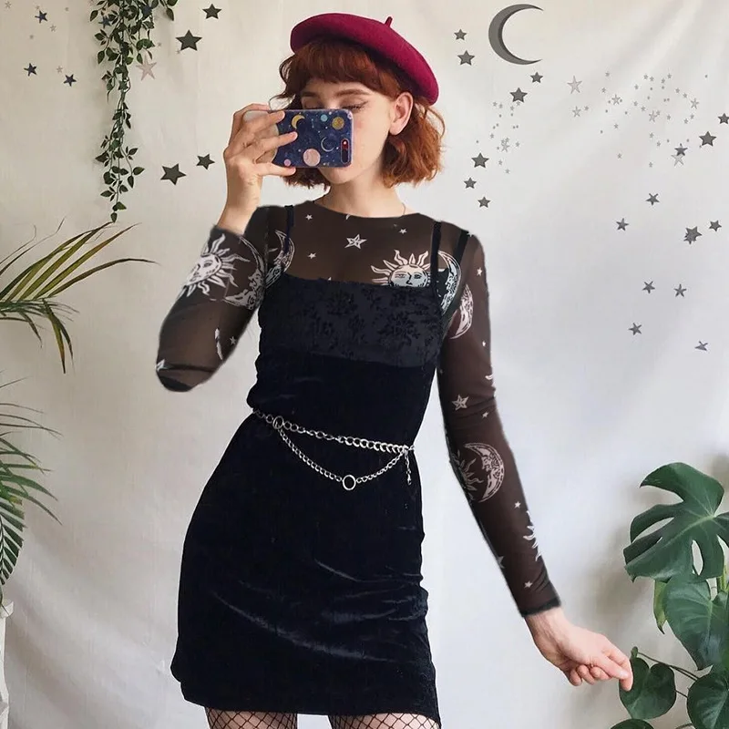 2024 Women Sexy Harajuku Mesh Tops Long Sleeve See Through T Shirt Transparent Sun Moon Star Print T-shirt Femininas Clubwear