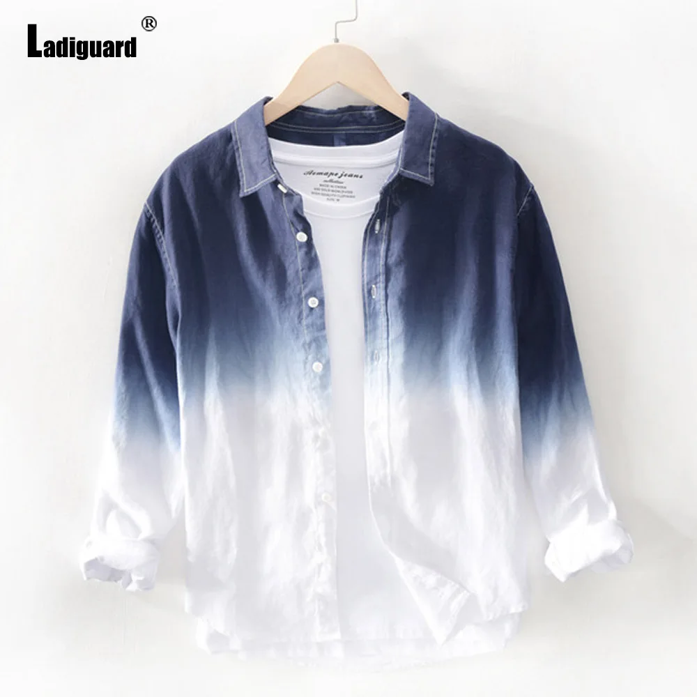 Long Sleeve Cotton Linen Shirt blusas Sexy Men clothing 2024 Single-breasted Top Lepal Collor Mens Fashion Gradient Blouse Homme