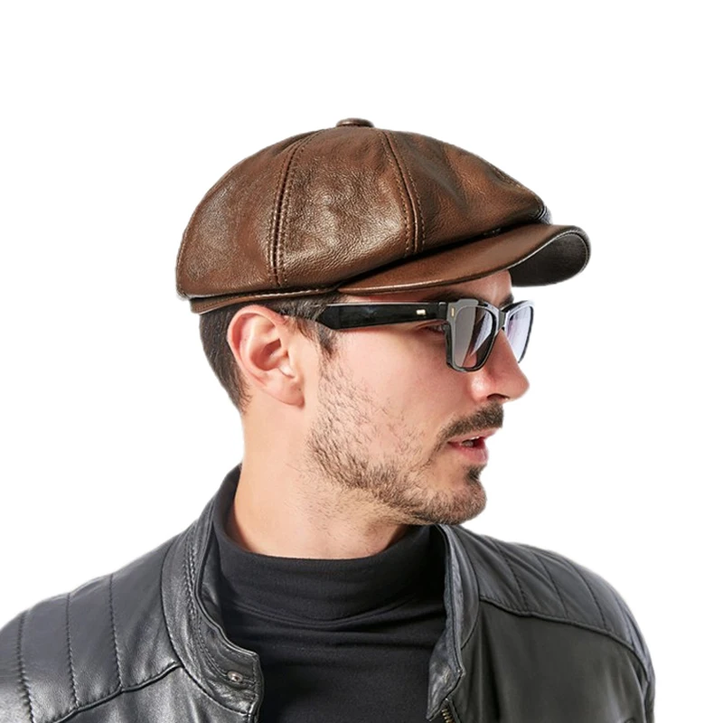 

Hats Men 2024 Spring 100% Genuine Leather Warm Cap Male Beret Painter Boina Cowhide Octagonal Casquette High Quality Streetwear