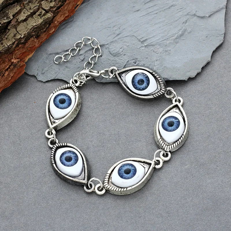 Vintage Punk Evil Eye Bracelet 5 Blue Eyeball Connect Exaggeration Multiple Dense Evil Eyes Bracelet