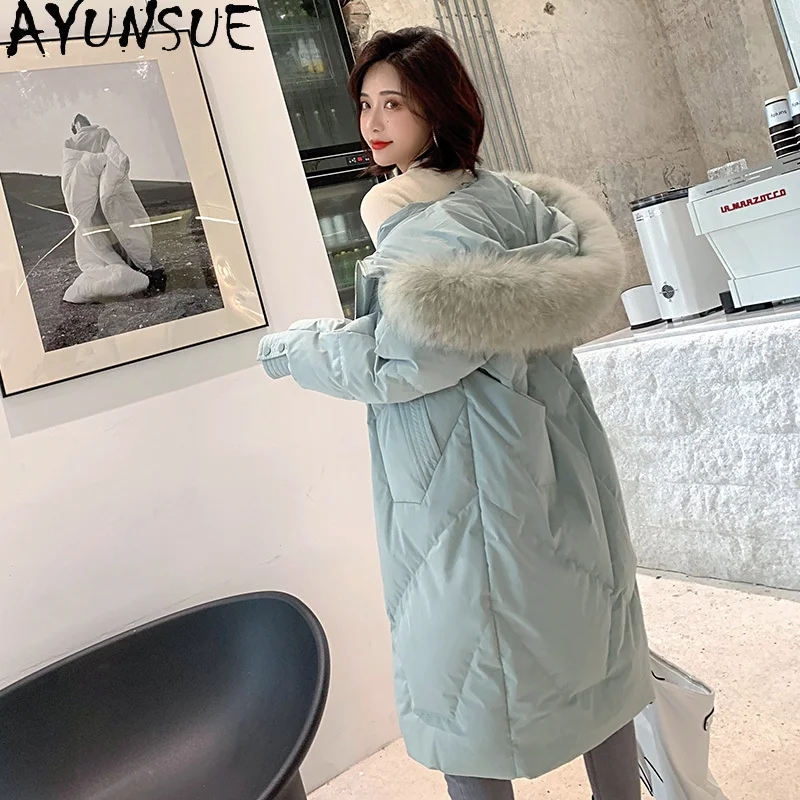 Women's Winter Down Jacket Hooded Big Raccoon Dog Fur Collar Long White Down Coat Female Puffer Warm Parkas B19R02283 KJ5125