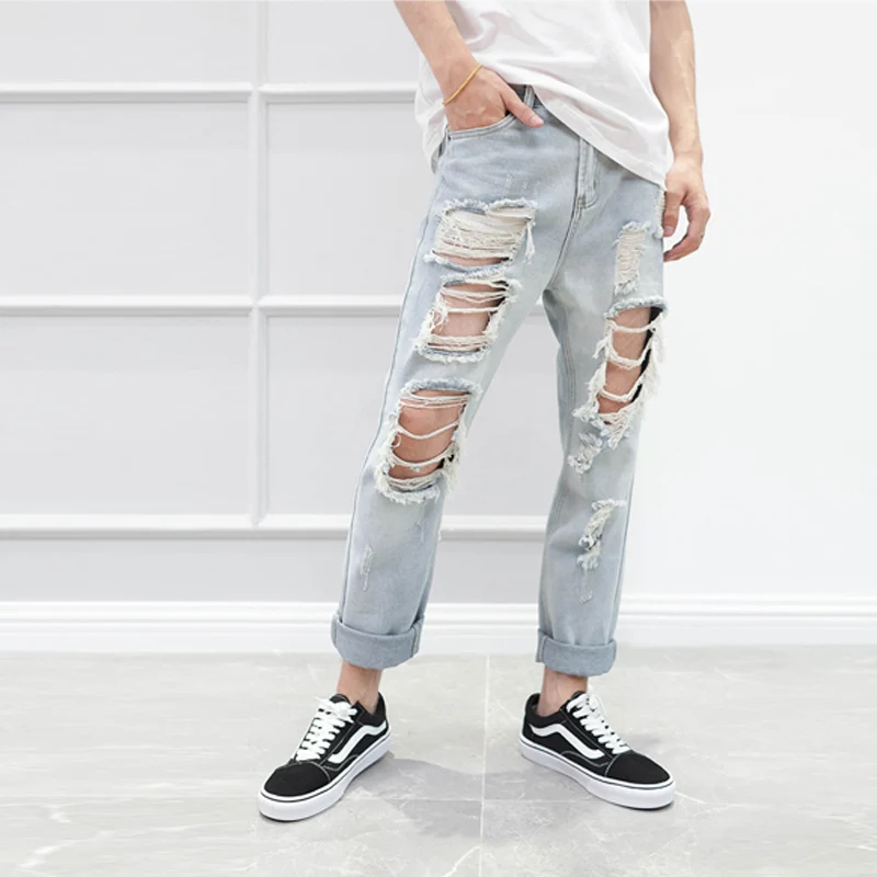 Japanese Korean version of the tide male nine pants pants hip-hop big hole pants knees couple jeans personality nightclub