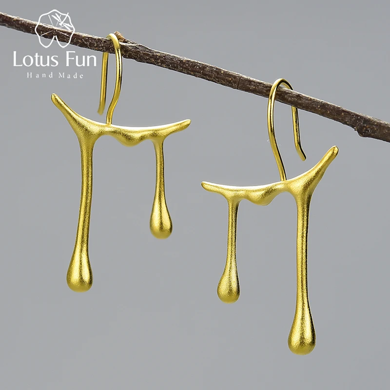 Lotus Fun Honey Drops Asymmetric Design Drop Earrings Real 925 Sterling Silver 18K Gold Earrings for Women Handmade Fine Jewelry