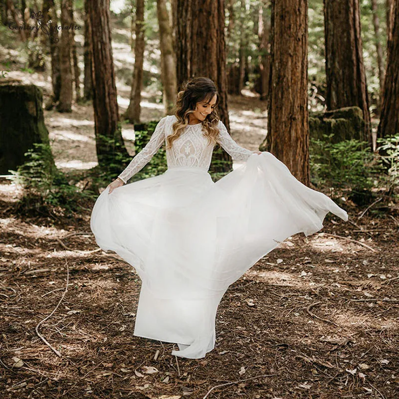 Vestido De novia De encaje bohemio para mujer, vestidos De novia De manga larga con Espalda descubierta, para playa, 2020