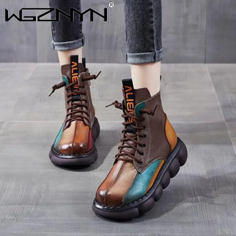 Motorcycle Women\'s Boots Autumn Winter Soft Leather Retro Shoes Black Botas Wedges Female Lace Up Platforms Women Botas Mujer