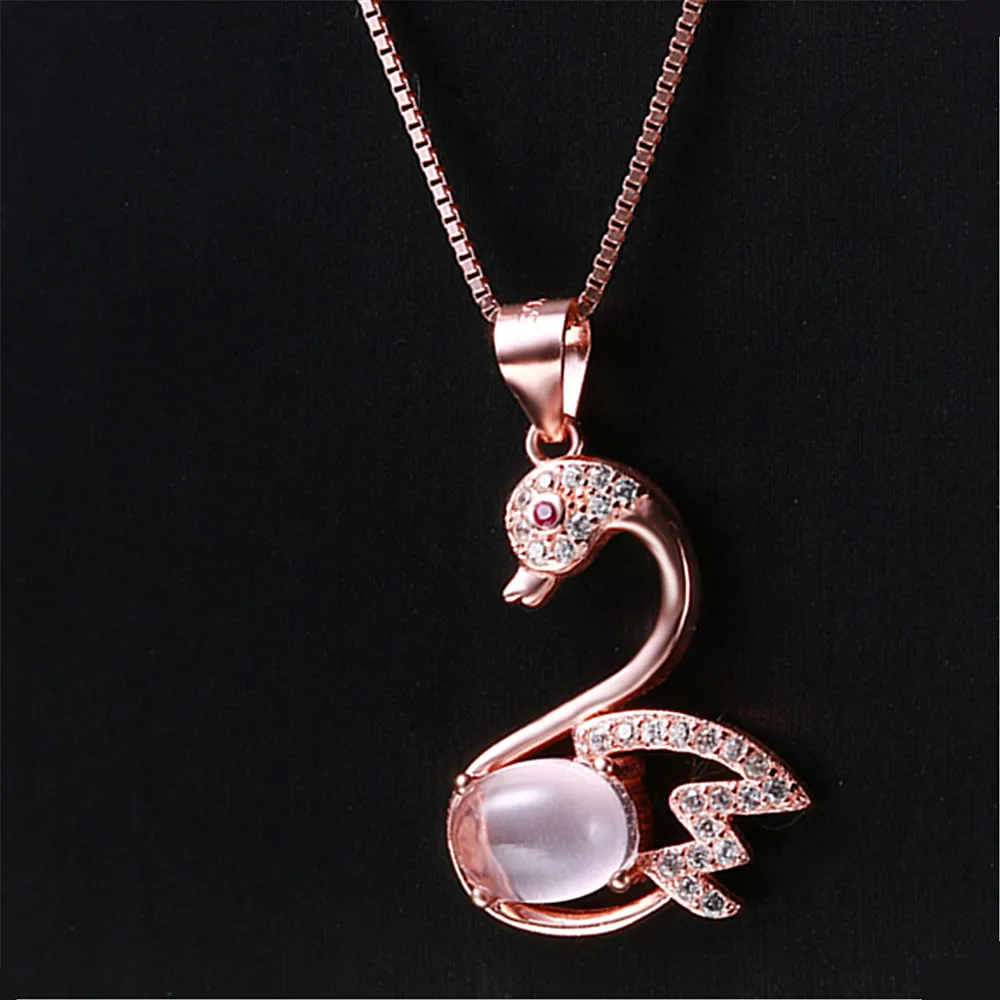 Fashion elegant swan pink crystal zircon diamonds pendant necklaces for women 14k rose gold color jewelry choker bijoux gifts