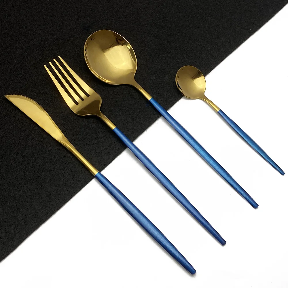 24Pcs/Set Blue Gold Cutlery Set 304 Stainless Steel Dinnerware Silverware Flatware Set Dinner Knife Fork Tea Spoon Dropshipping