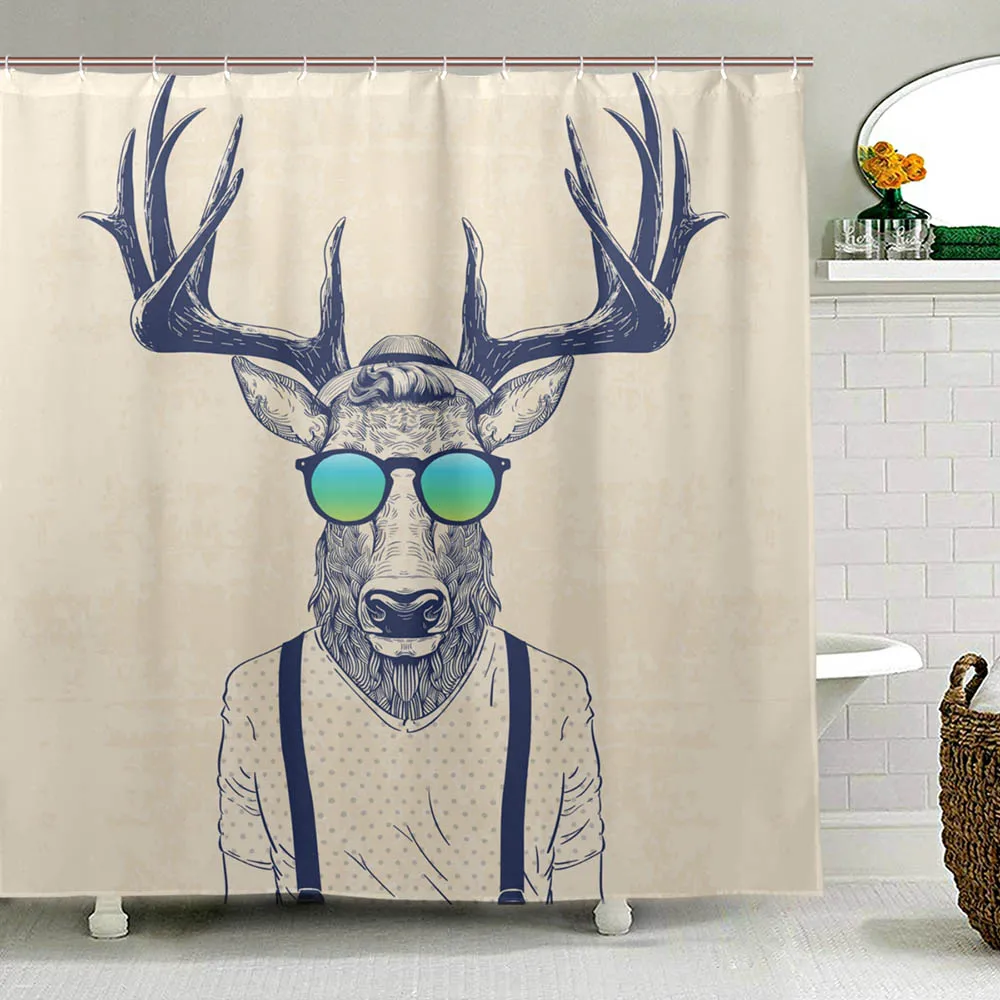 Antlers Fabric Polyester Shower Curtains Illustration of Deer Dressed up Like Cool Hipster Fun Animal Bath Curtain for Bathroom