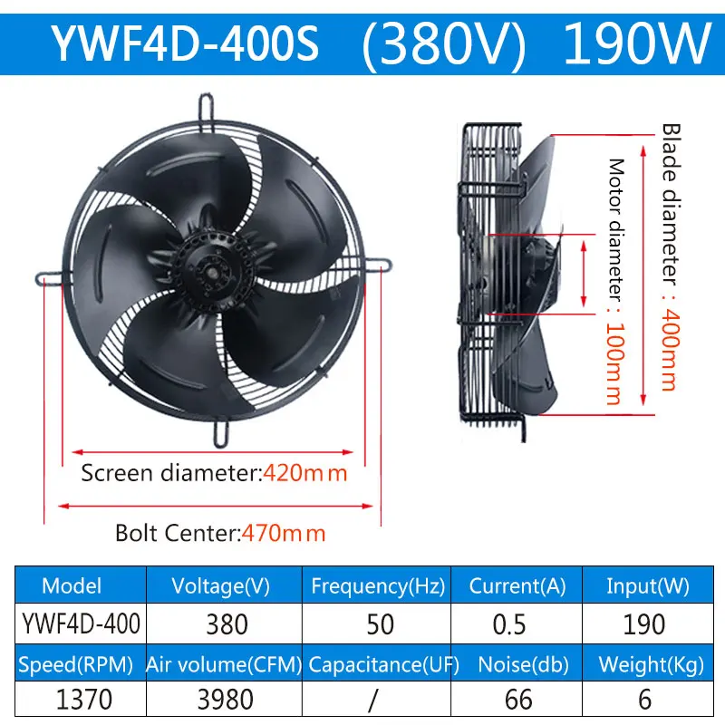 Ventilador axial de rotor externo de 190W, condensador YWF4E/4D-400S, 220/380V