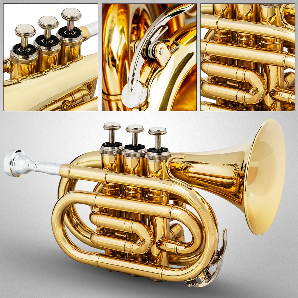 LOMMI Professional Pocket Trumpet Tone Flat B Bb Brass Wind Instrument W/Mouthpiece Gloves Cloth Brush Grease Hard Case