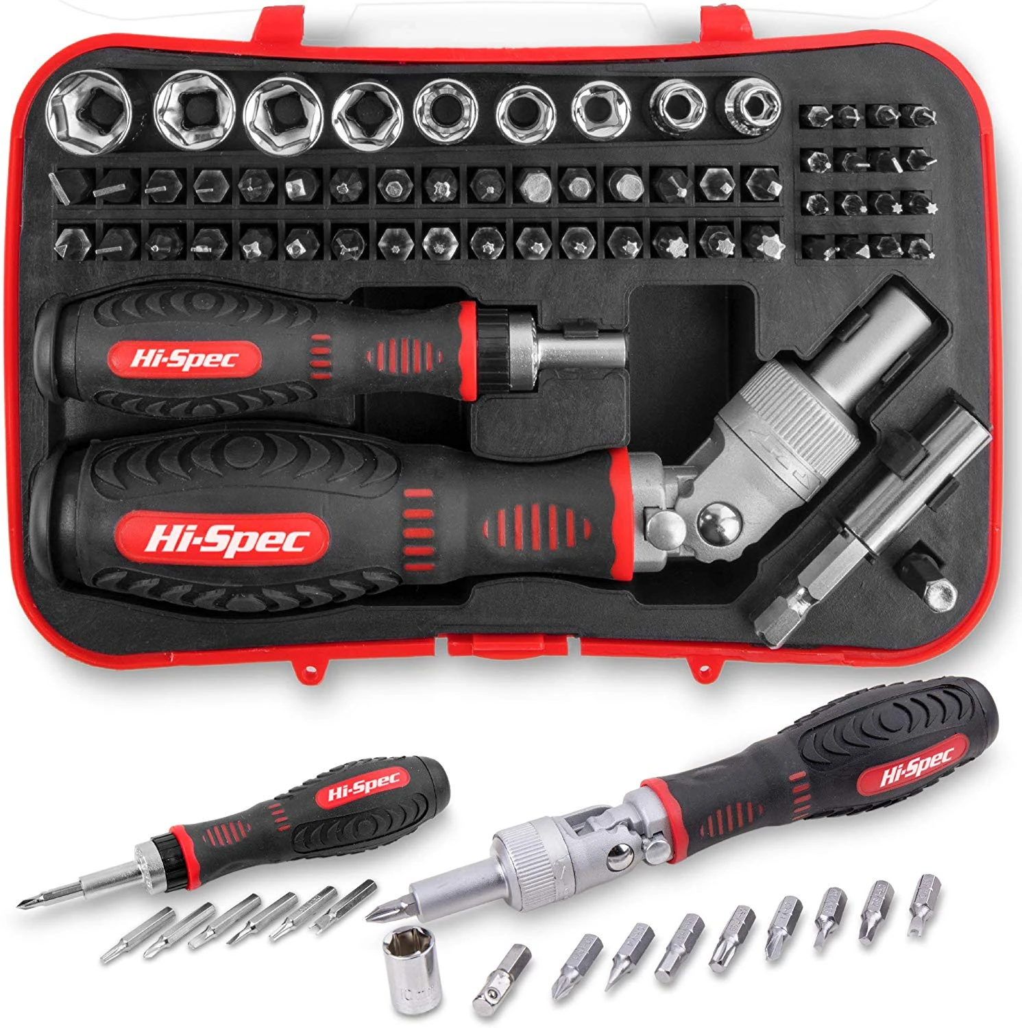 Hi-Spec 61PCS Ratchet Screwdriver Bit Set 1/4 180 Degree Adjustable Screwdriver Handle Universal Wrench Socket Hand Tool in Case