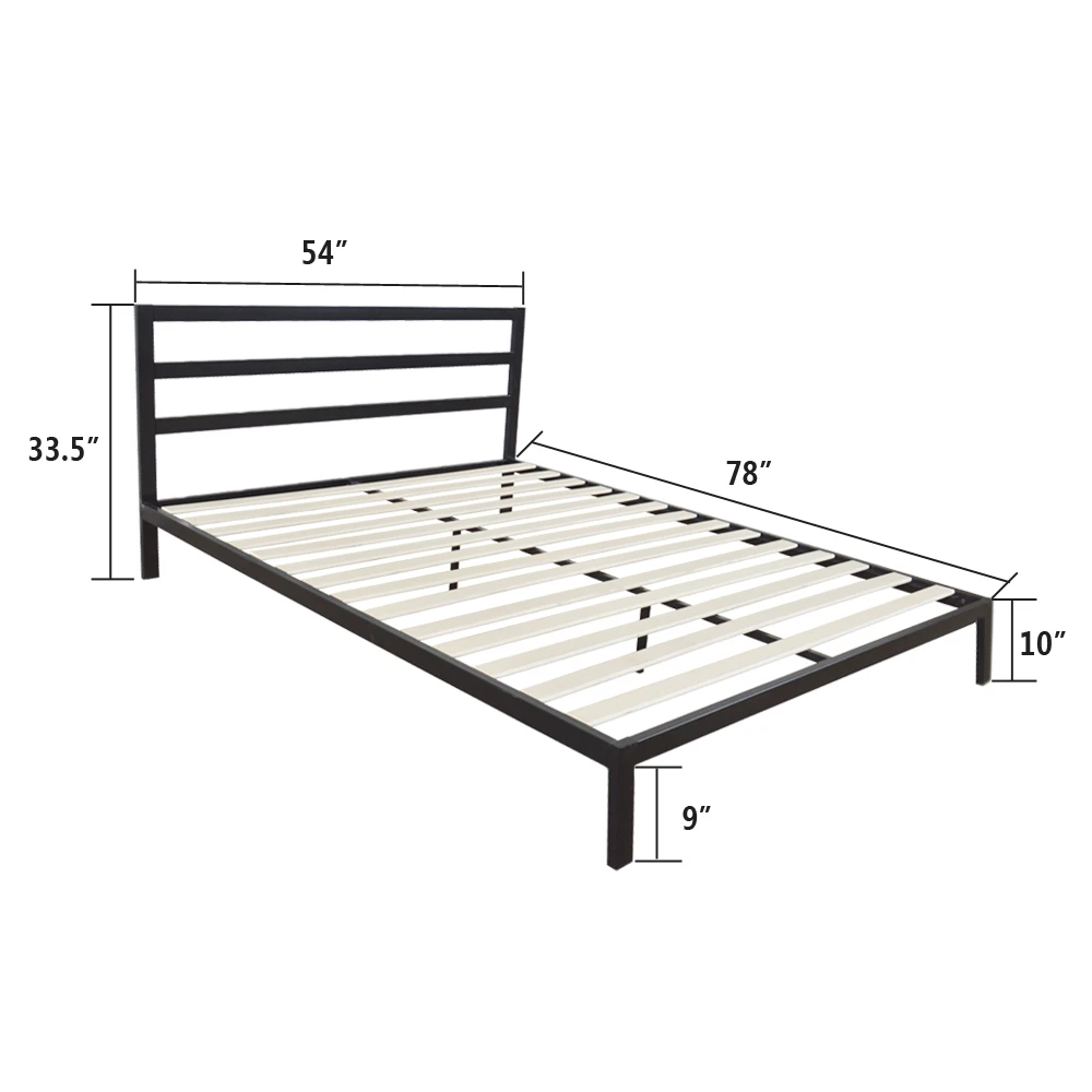 Iron Bed Frame Square Horizontal Bar Bedside Full Size 198 x 137.5 x 85 CM Black[US-Stock]