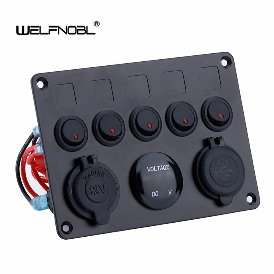 5 Gang LED Switch Panel 12V Power Outlet 4.2A USB Charger Digital Voltmeter Toggle Switch Control For Boat Camper Marine RV