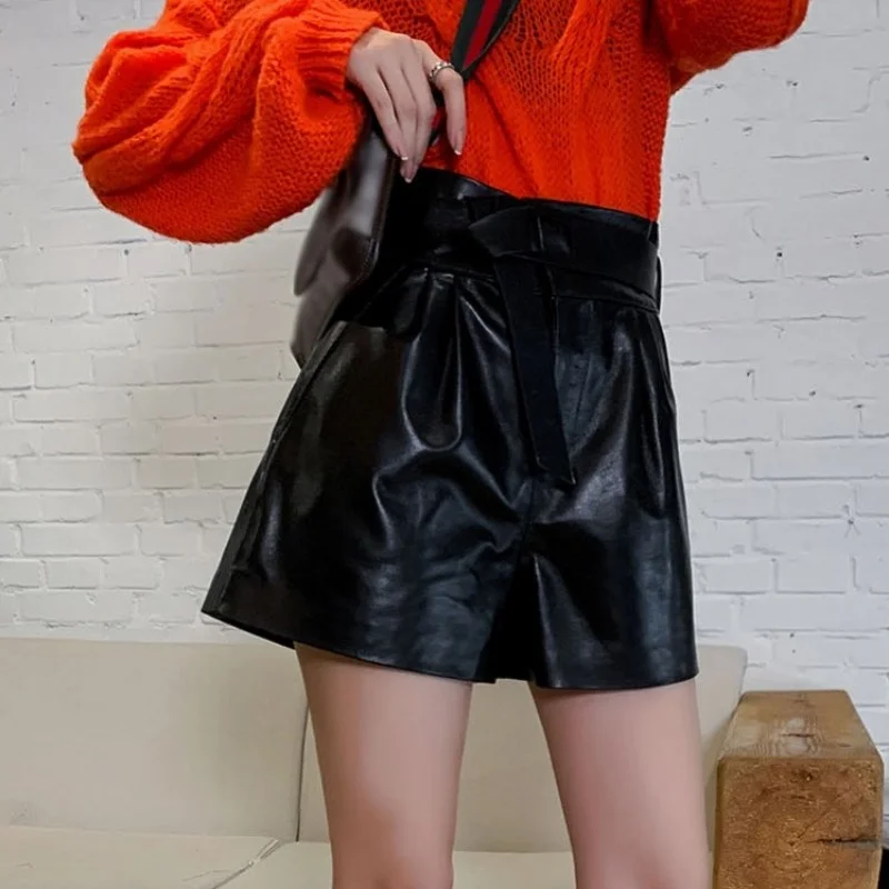 Women Autumn Genuine Leather Shorts Real Sheepskin Belt High Waist Casual MIni Trousers Female Black Loose Fit Wide Leg Shorts