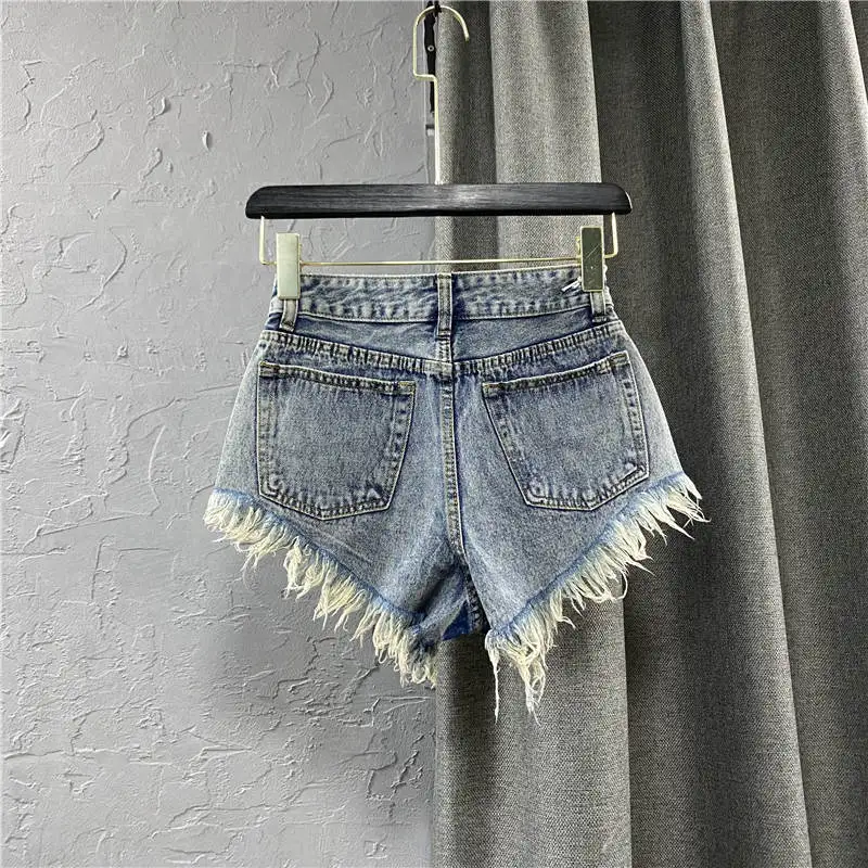 Streetwear Hole Short Femme Ripped Jeans For Women Pockets Tassel Vintage Denim Shorts Sexy Casual Low Waist Biker Shorts C8043