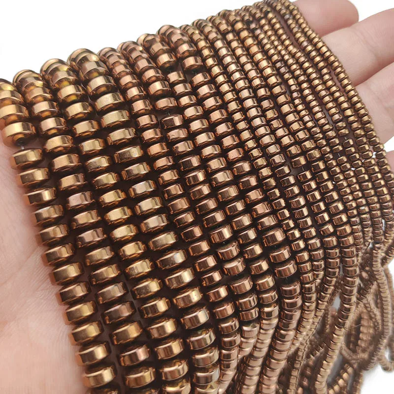 فواصل حجرية مستديرة من الهيماتيت الطبيعي لصنع الحلي ، حبات سائبة ، أسطوانة مسطحة ، نحاسي أحمر ، إكسسوارات أساور تصنعها بنفسك ، 3 تقسم ، 4 ، 6 ، 8 #6