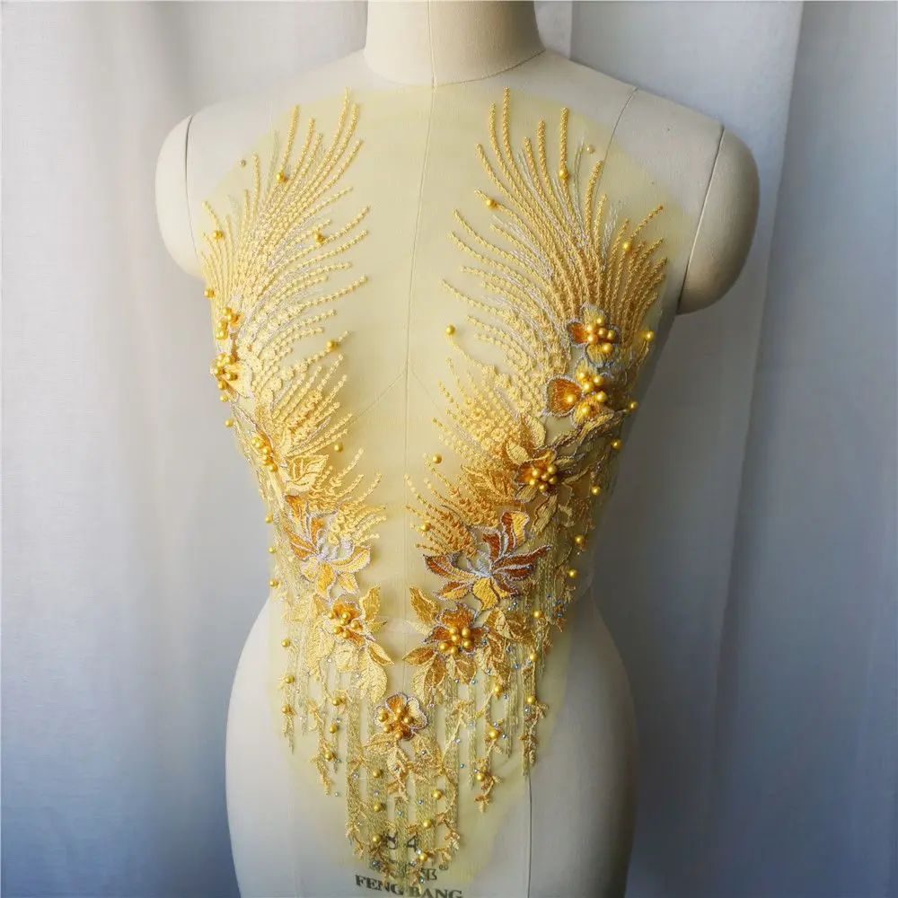 Yellow Lace Fabric Flower Tassel Beads Rhinestone Embroidered Gown Appliques Trims Collar Mesh Sew Patch For Wedding Decoration