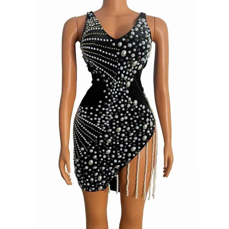 Women New Sexy Nightclub Pearls Fringe Irregular Dress Birthday Celebrate Prom Backless Outfit Women Dancer Evening Singer Dress