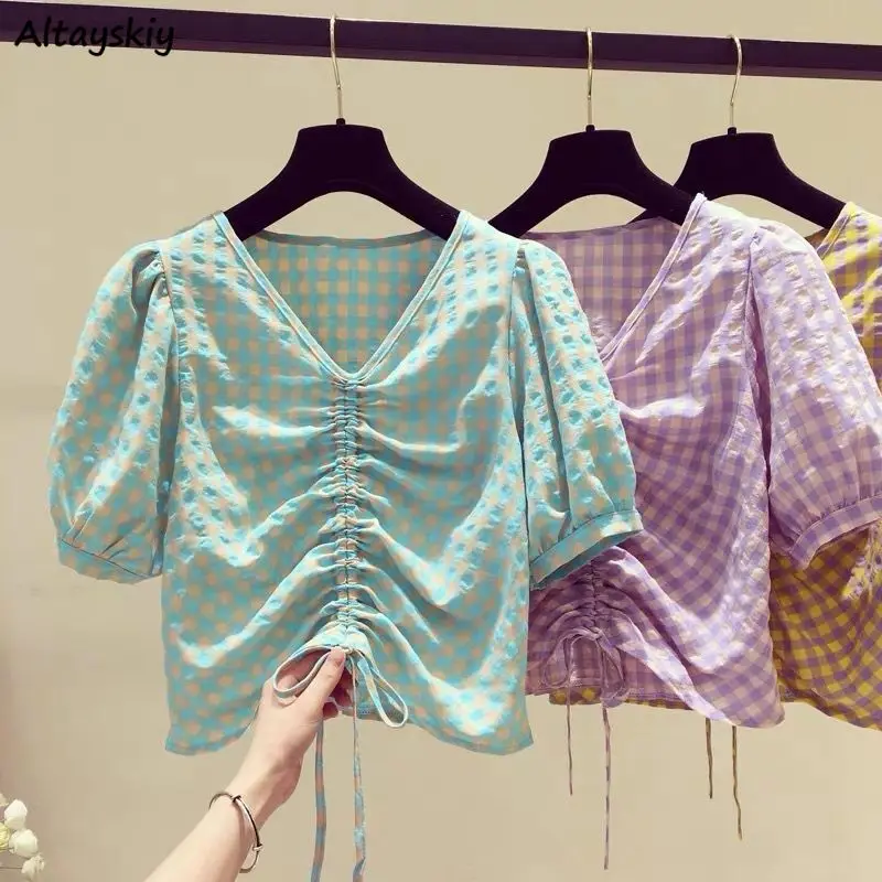 

Женские рубашки с коротким рукавом, клетчатые облегающие блузки с V-образным вырезом, укороченные топы, стильные милые универсальные ретро-корейские стильные для студентов