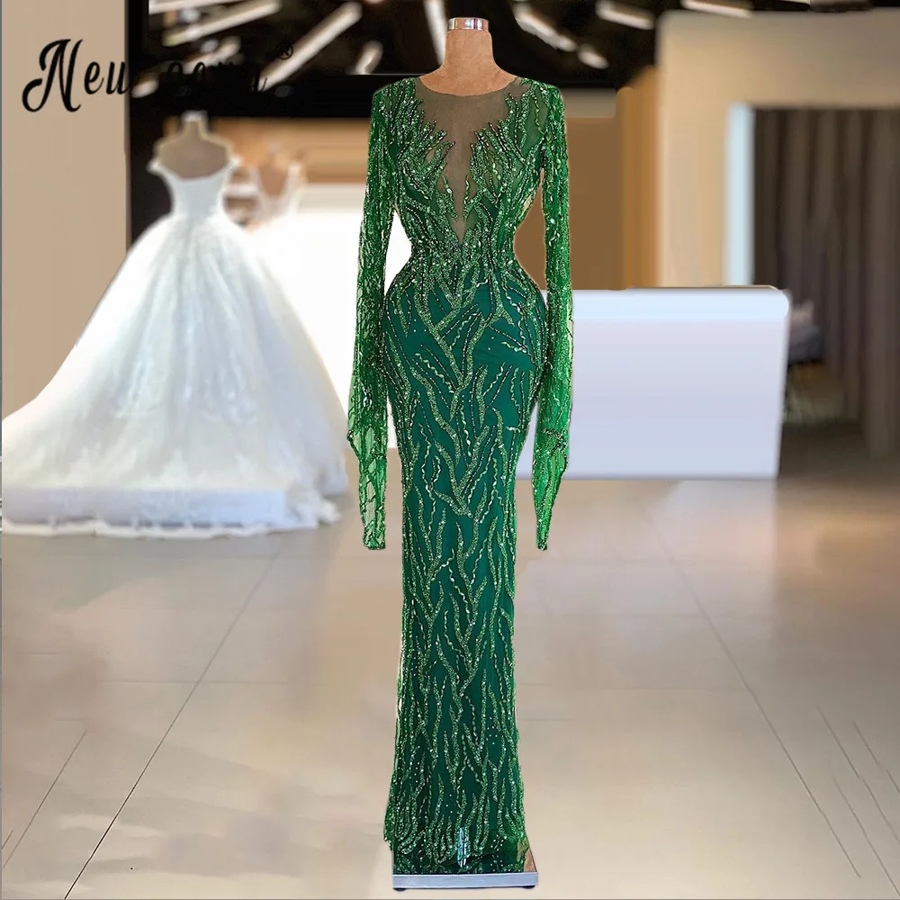 Green Luxury Long Sleeve Mermaid Evening Dress 2021 Sparkly Beaded For Women Party Moroccan Kaftan Muslim Prom Gown Plus Size