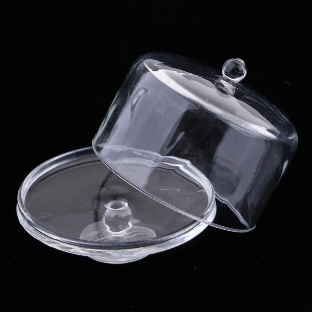 1 Piece Miniature Dollhouse Acrylic Clear Cake Display Plate Stand Fruit Snack Tray with Lid Cover Dolls House Kitchen Tableware