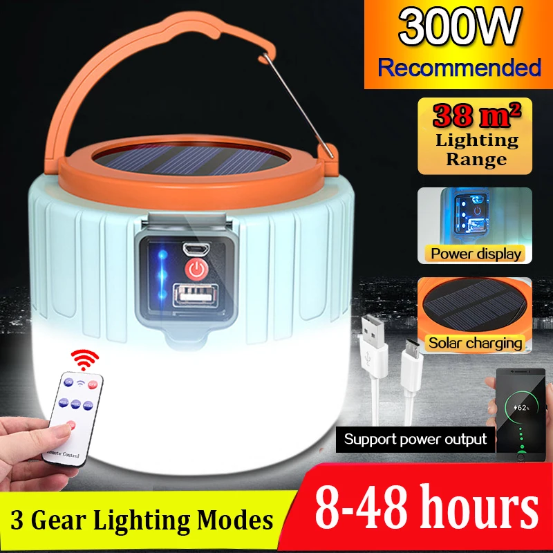 Lanterne étanche à énergie solaire 500W, alimentée par USB, Rechargeable, luminaire Portable, idéal pour le Camping ou la nuit, lumière d\'urgence