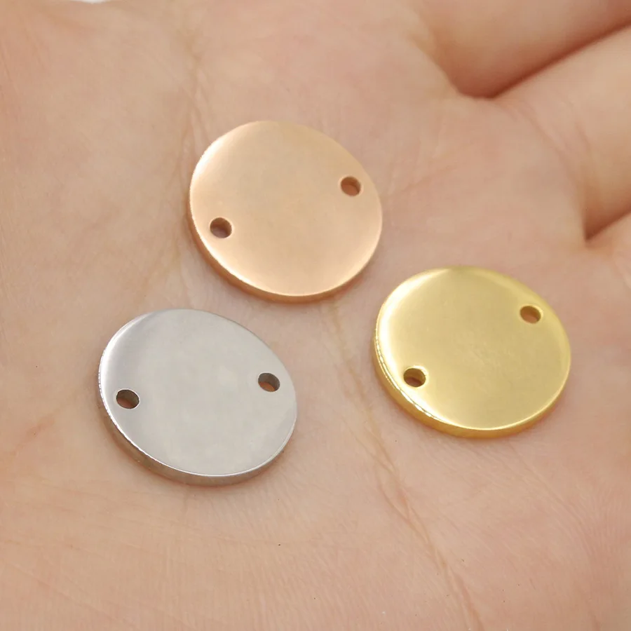 50pcs 8-30mm Rose Gold Color Mirror Polish Stainless Steel Round Connector Pendants 2hole Stamping Blanks For DIY Tag