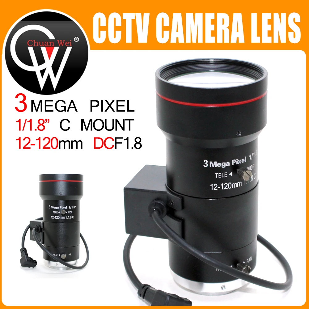 3.0 Megapixel 12-120mm CCTV Varifocal Lens F1.8 C Mount Lens Low Auto Iris Zoom Distortion FA Lens for HD Camera