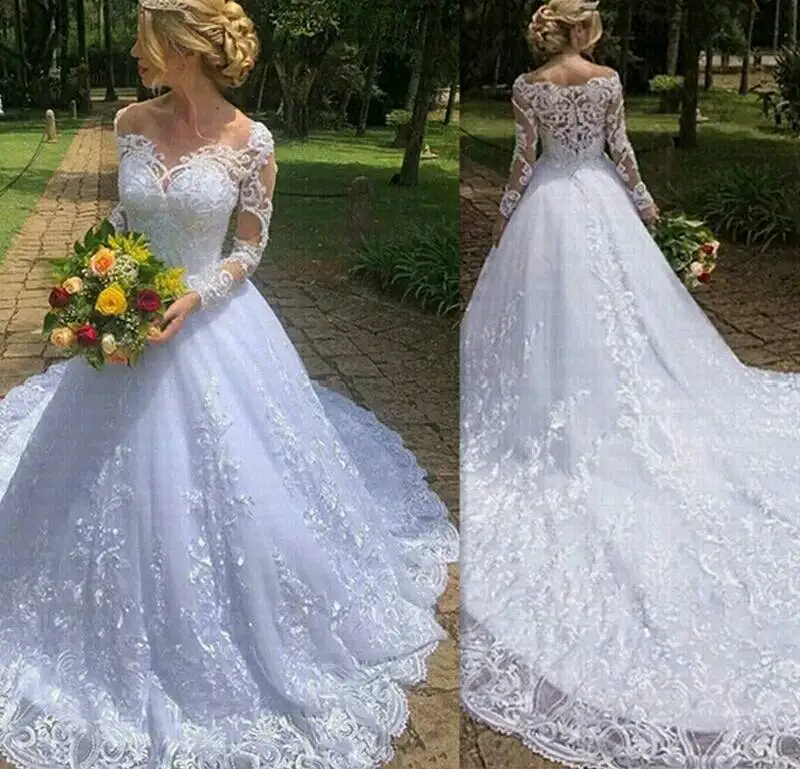 Elegant เรือเรือชุดแขนยาวลูกไม้ขึ้นกลับ Tulle ลูกไม้ Applique ชุดบอลชุดแต่งงาน Vestido De Noiva