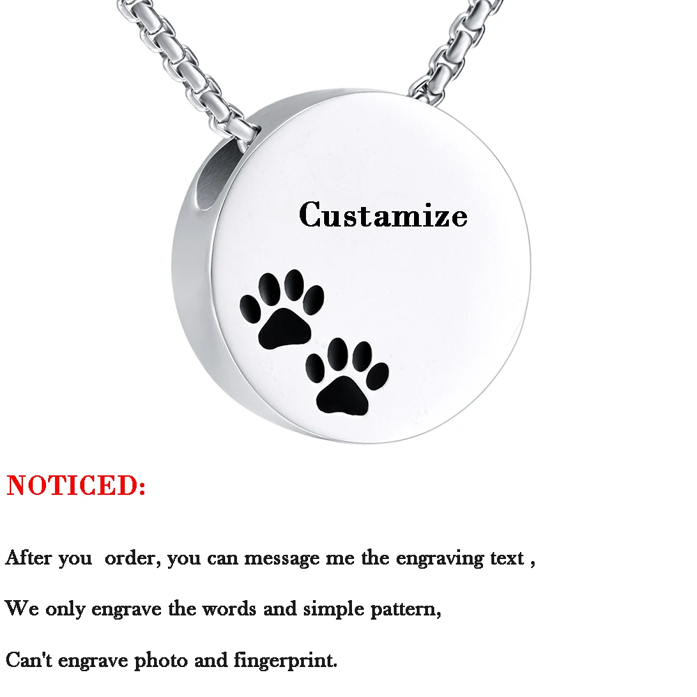 Two Paw Print Inaly Round Urn Pendant Memorial Necklace for Pet Stainless Steel Ashes Keepsake Cremation Jewelry -Free Engraving