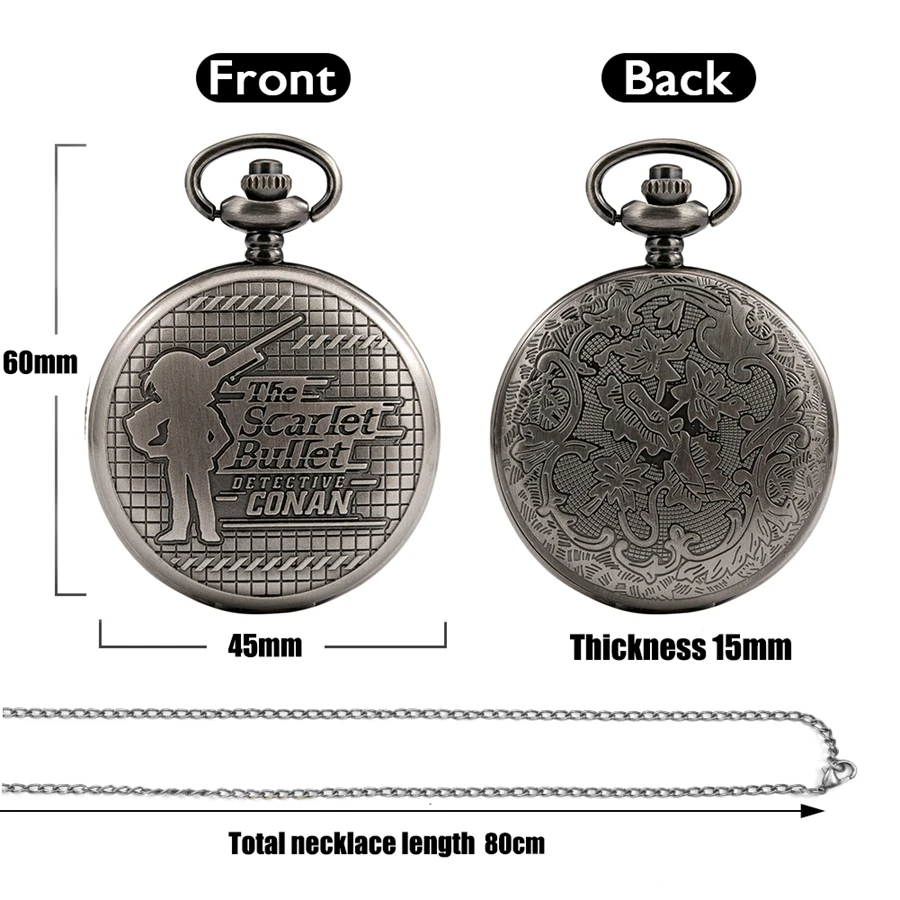 유명한 형사 불렛 만화 석영 아날로그 포켓 시계, 레트로 그레이 3D 조각 텍스트 스팀펑크 고리 체인 목걸이 시계