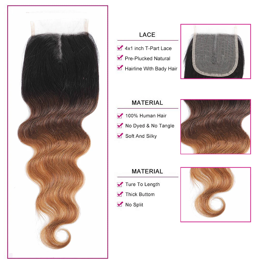 Super Idol Brazilian Body Wave Hair 100% Remy Human Hair 4X4X1 Tpart Lace frontal closure 1B/4/30  8-20inch Hair Extensions