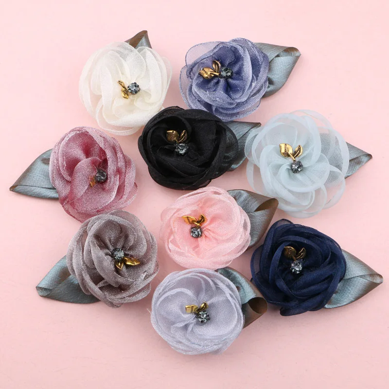 Free Shipping 20PCs handmade Rolling Chiffon Flowers with Leaf Decorated Floral Button Patch Sticker Craft Ornament Accessories