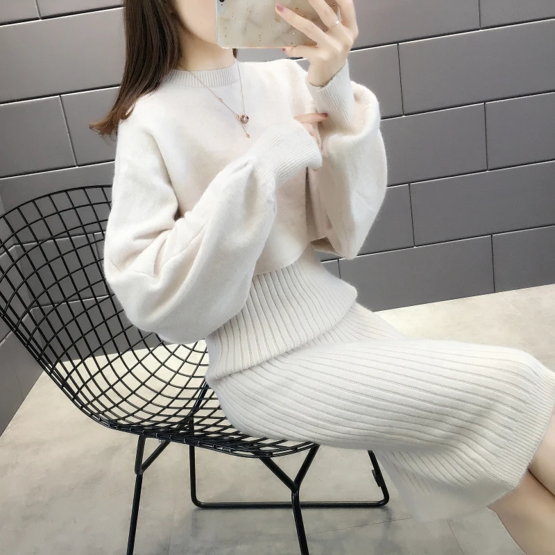 

Autumn Winter Womens Long Sleeve Pullover Sweater+Strap Dress Sets Solid Color Knit 2 Piece Set Ladies Casual Knitted Suit 1600