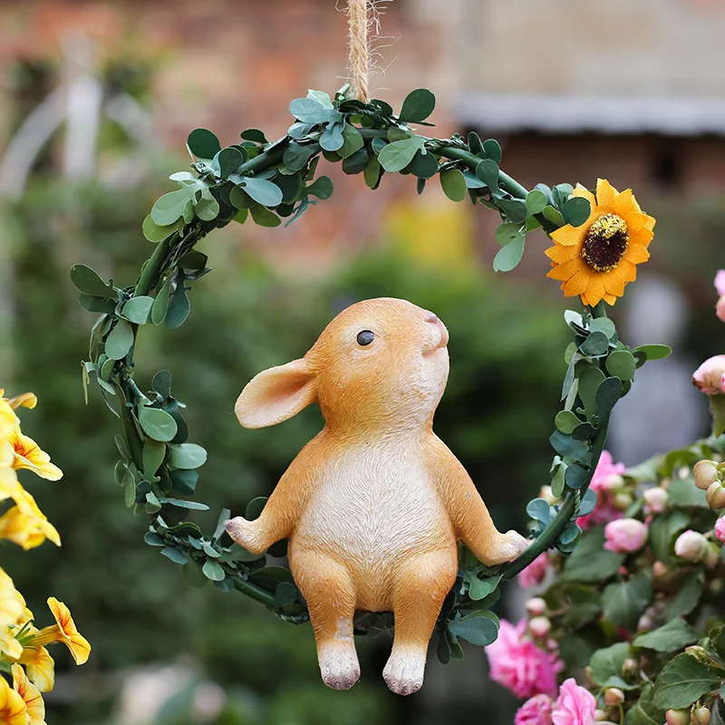 Garden Rabbit Statue Creative Resin Cute Rabbit Sculpture Ornament Outdoor Garden Yard Hang On Tree Plant Decor Pendant Gift