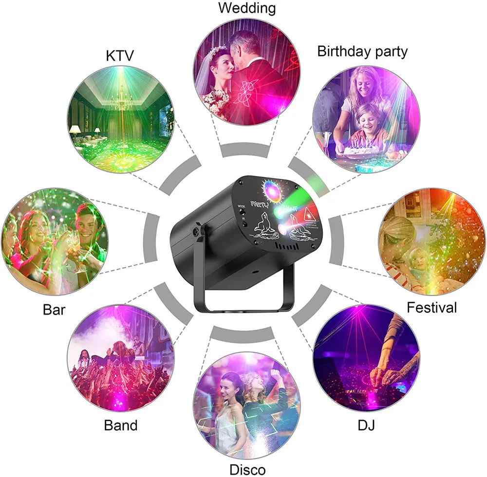 Mini USB Charge DJ Disco Party Light With 60 Patterns Voice Control Laser Projector Light Christmas Party Strobe Stage Lights