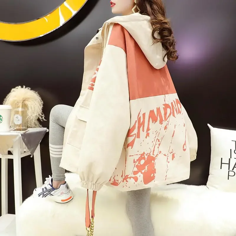 Loose Casual Hooded Short Coat Female Spring And Autumn Windbreaker 2025 New Student Tooling Net Red Printed Women Jacket L396