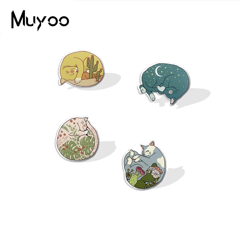 2021 New Sleeping Kittens with Flower Plant Painted Handmade Epoxy Acrylic Lapel Pins Clothing Pins