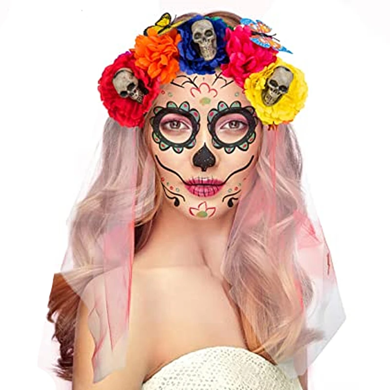 

2021 New Halloween Day of The Dead Colorful Rose Flower Crown Mexican Headband Costume Party Headpiece Skull Lace Veil Hariband