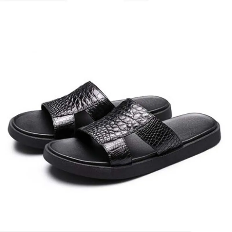 ouluoer summer new Thailand crocodile leather men slippers male fashion Wear outside non-slip black