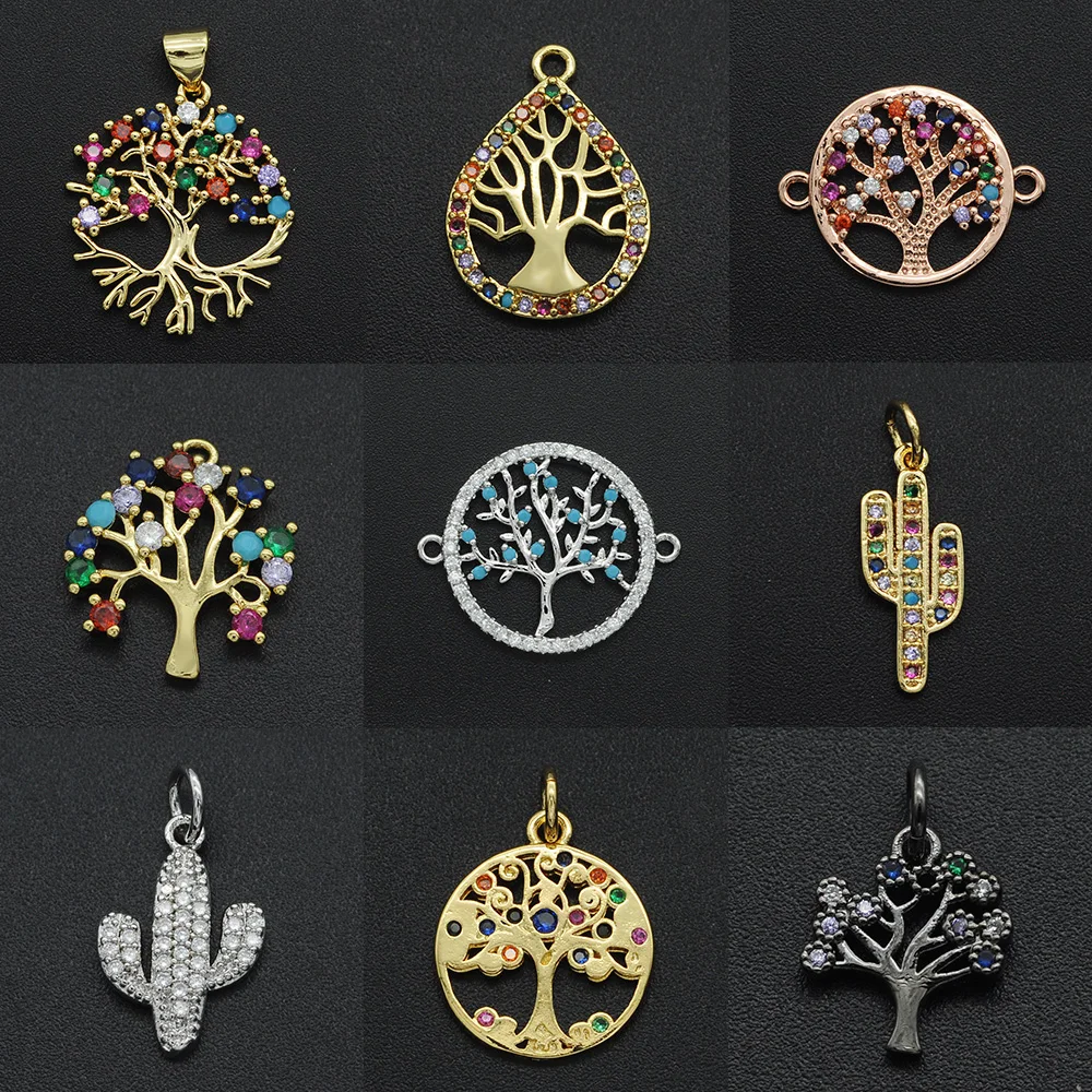 Fabulous Diy Flowers CZ Charms Wholesale Cactus Necklace Pendant Zircon Tree of Life Connector For Jewelry Bracelet Making