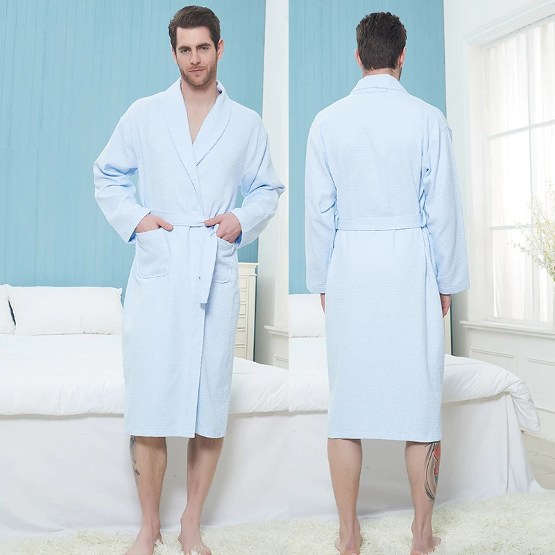 Summer Men's Bath Robe Men 100% Cotton Long Sleeved Bathrobe Home Clothes Pajamas Robe Lounge Wear Home Robe male Loungewear