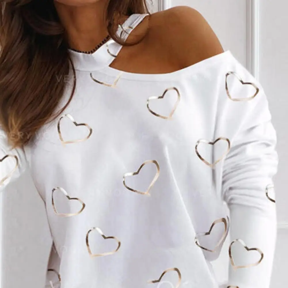 Sexy Women One Shoulder Pullover Female Knit Blouse Women Long Sleeve Hollow Out Blouse Love Heart Print One Shoulder Pullover