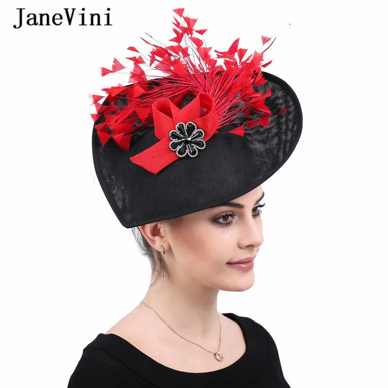 JaneVini ใหม่แฟชั่นผู้หญิงสีดำหมวกและ Fascinators สำหรับงานแต่งงาน Tulle Feathers ลูกปัด Handmade บิ๊กเจ้าสาวหมวก Bruiloft Hoedje