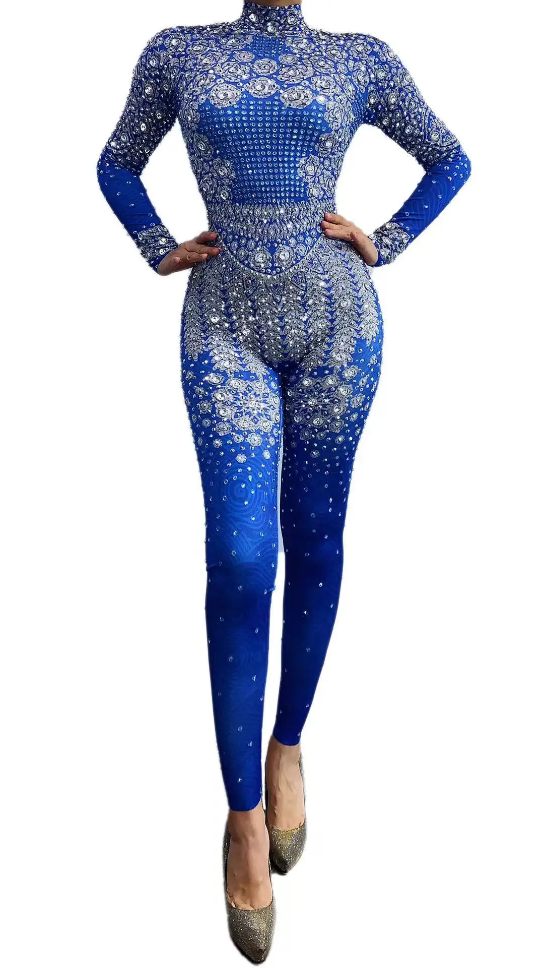 Vintage Blue Silver Rhinestones Jumpsuit ผู้หญิงวันเกิดฉลองชุดราตรีนักร้อง Rompers ไนท์คลับบาร์เวทีสวมใส่