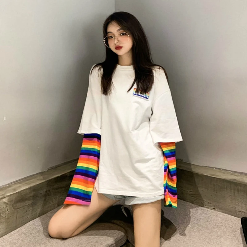 Long Sleeve Shirts Women Rainbow Striped Patch Designs Long-style Korean Leisure Hip-hop Fashion Female T-shirt Teens Preppy New