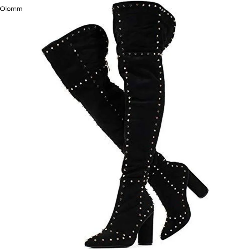 

Olomm Handmade Women Thigh High Boots Square Heels Boots Pointed Toe Sexy Black Leopard Club Wear Shoes Women Plus US Size 5-15