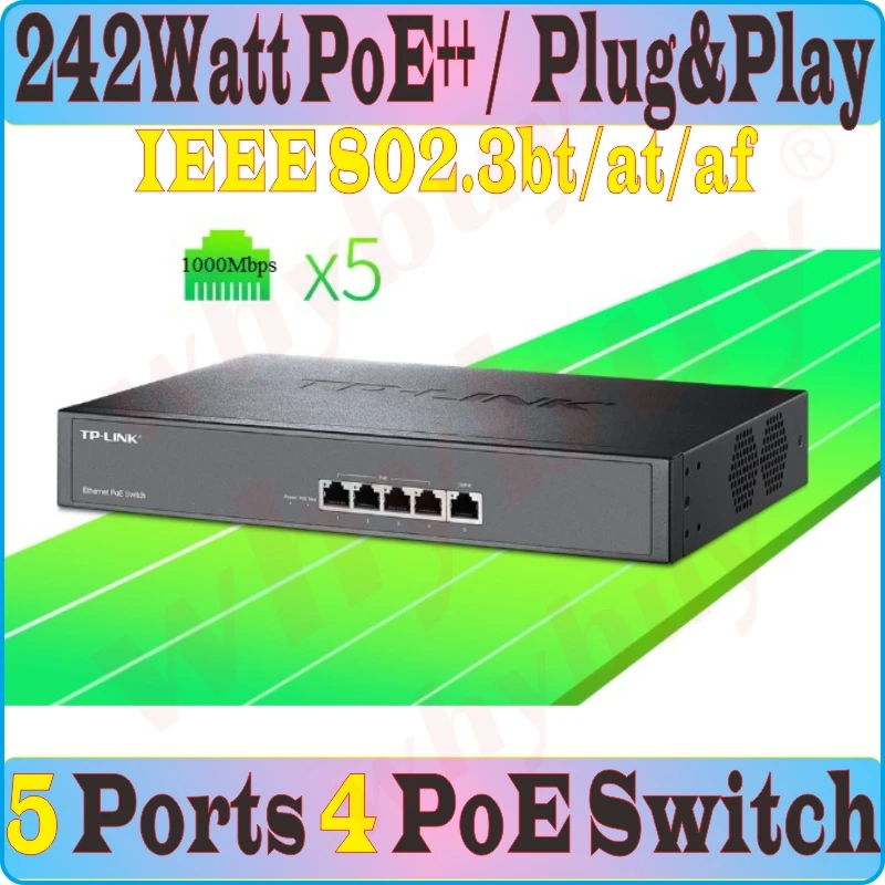 

IEEE 802.3bt/at/af 5 Ports PoE++ Gigait Switch with 4PoE ports 5-port PoE 1000M Switch 1* uplink RJ45 Gigabit Port Max PoE 242W