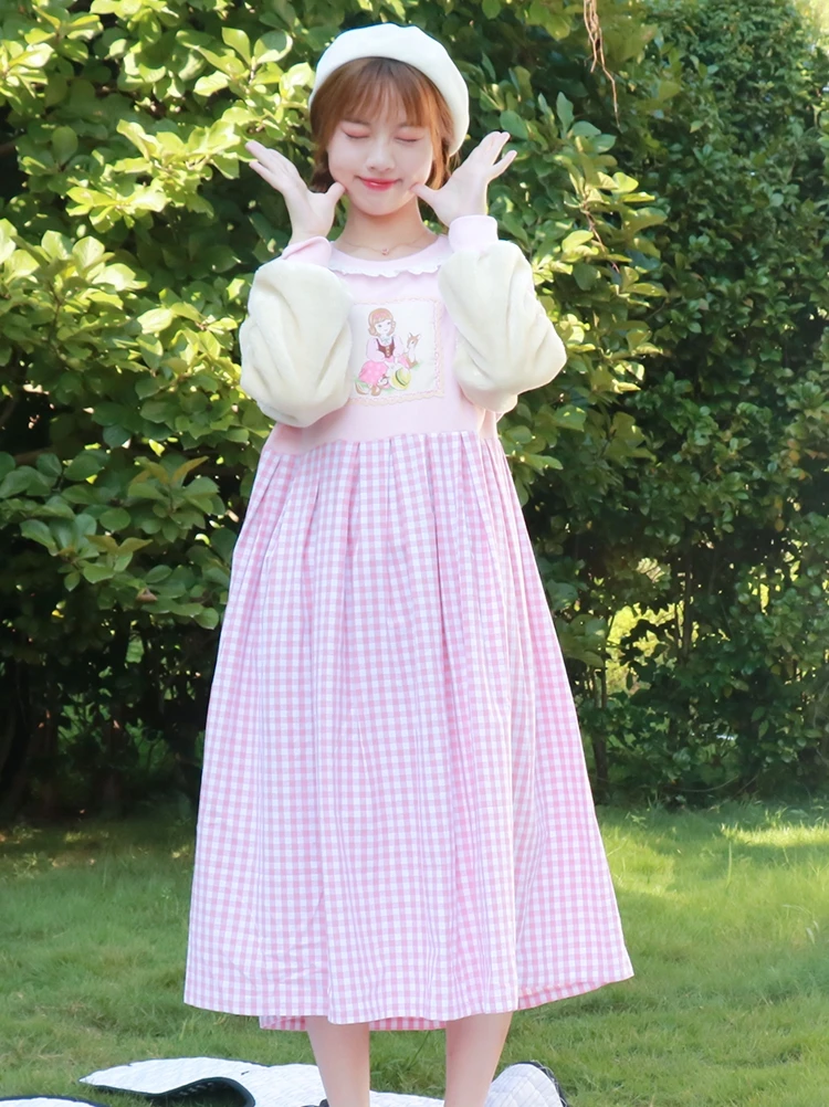 Vestido a cuadros japonés de manga larga para niña, nuevo vestido victoriano de cintura alta con cuello redondo, kawaii, gótico, lolita op loli, cosplay