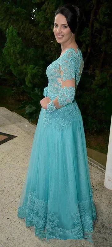 Accesorio de noche vestido con cuello redondo con apliques ilusión manga larga azul encaje vestido de noche botón Atrás vestidos de graduación 2019 vestido de Graduación